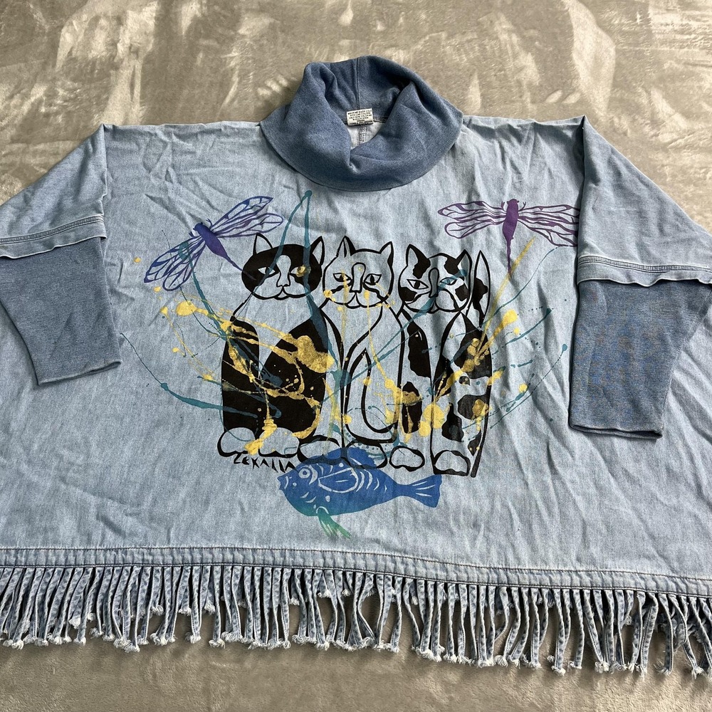 Vintage CMC Tunic Top Womens One Size Blue Cat Dragonfly Fringe Denim Art